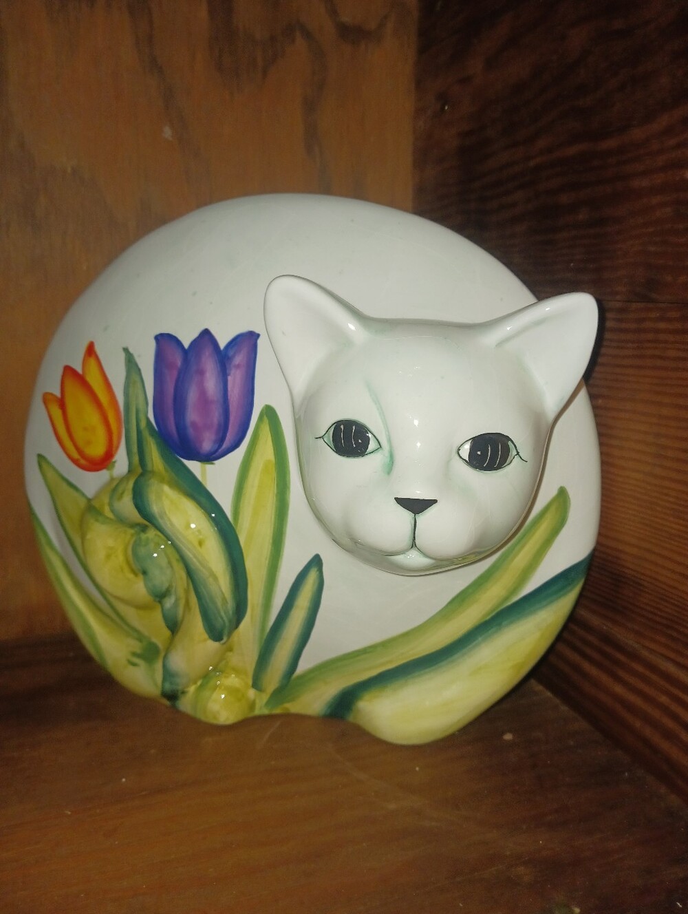 White Ceramic Cat with Hand-Painted Floral Design